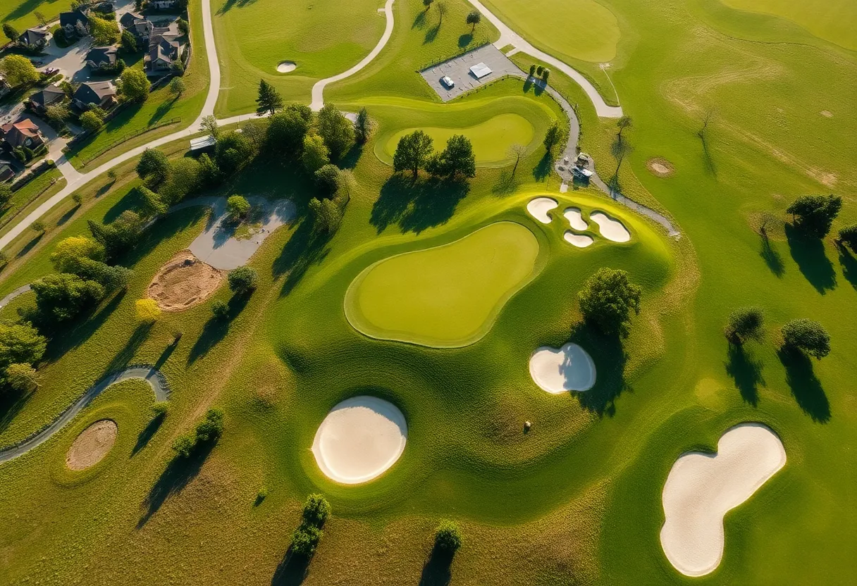 Aerial view of the Erie County Golf Course showing renovation upgrades like irrigation systems and practice facilities.