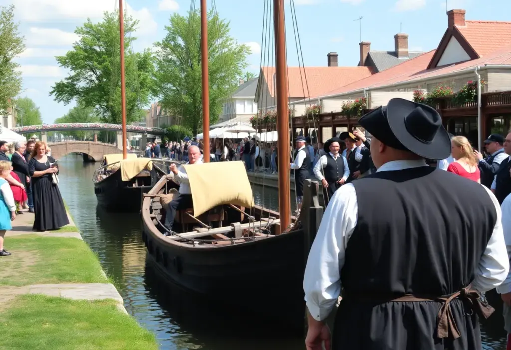 People enjoying the Erie Canal's 200th anniversary celebration with historical reenactments and a packet boat.