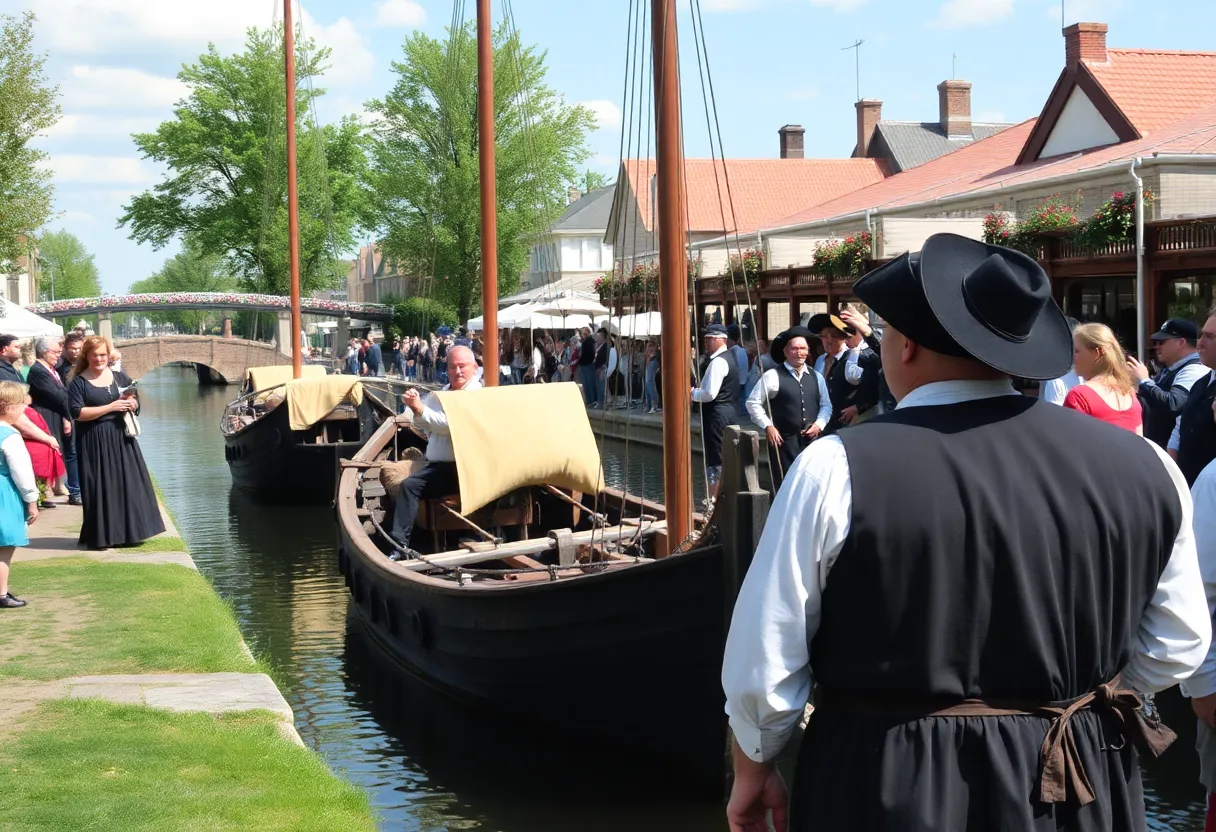 People enjoying the Erie Canal's 200th anniversary celebration with historical reenactments and a packet boat.