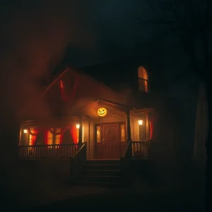 Exterior view of Everhaunt Haunted House with Halloween decorations.