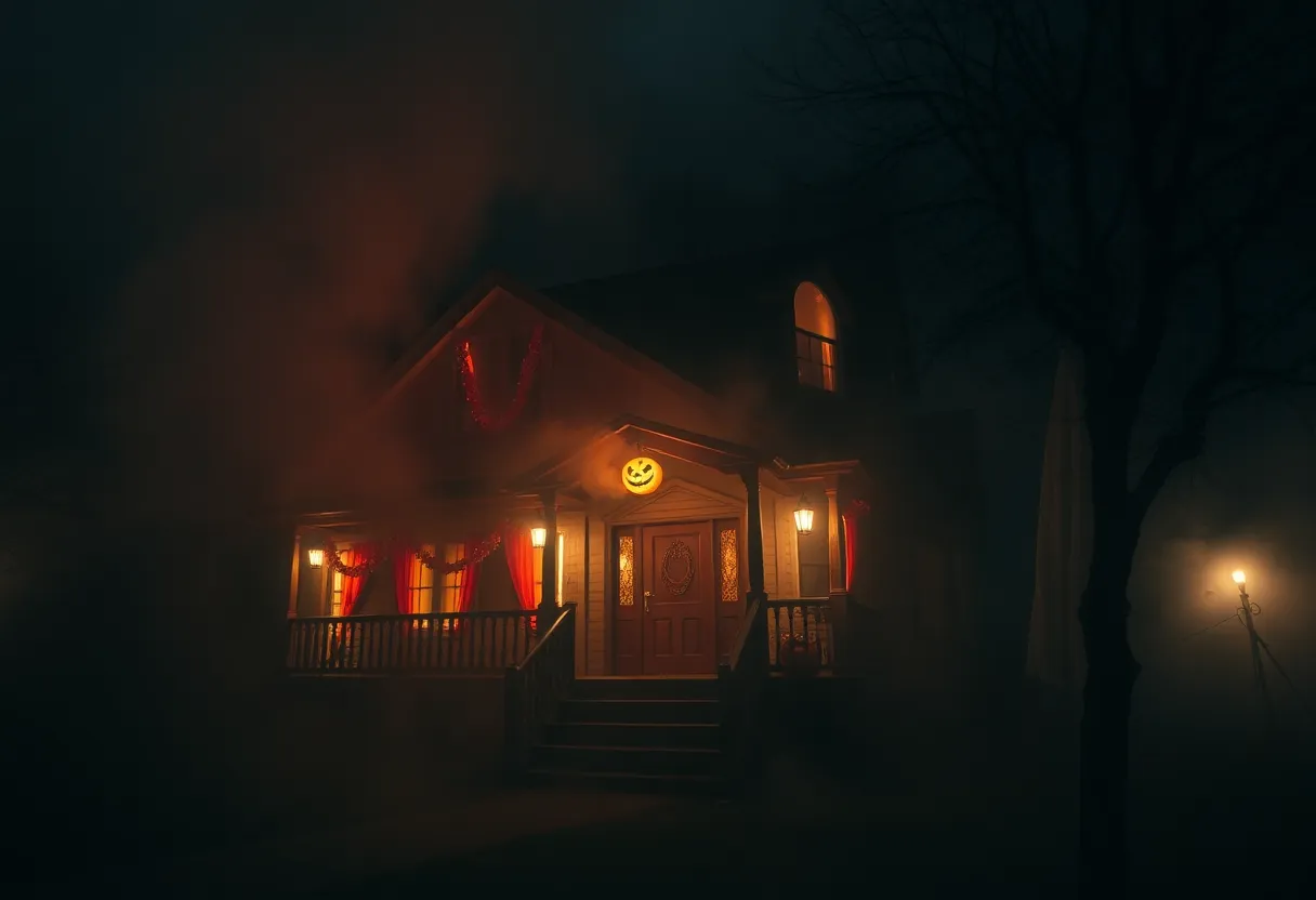 Exterior view of Everhaunt Haunted House with Halloween decorations.
