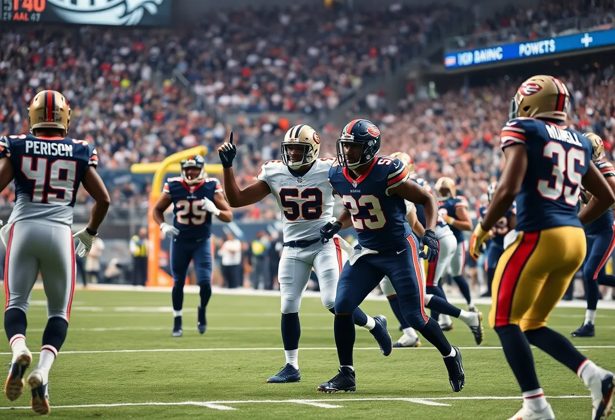 Falcons players celebrating after scoring against the Bills