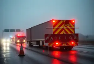 Emergency vehicles on a foggy highway after a fatal crash in Buffalo NY.