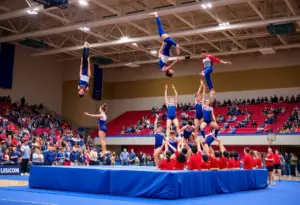 Athletes competing in acrobatics and tumbling at Gannon University