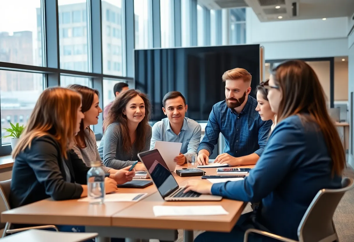 Exterior view of the Golisano Institute in Buffalo with entrepreneurs interacting.