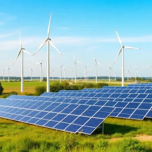Landscape of Buffalo Niagara featuring wind turbines and solar panels