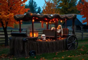 A haunted hayride at Becker Farms with fall leaves and spooky decorations