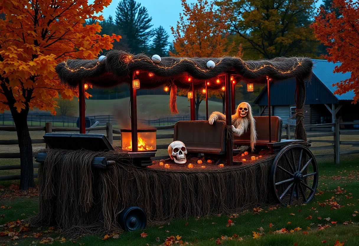 A haunted hayride at Becker Farms with fall leaves and spooky decorations