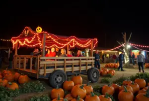 Families enjoying the Haunted Hayride at Becker Farms