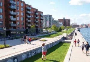 Conceptual image of Heritage Point development in Buffalo with parks and residential units.