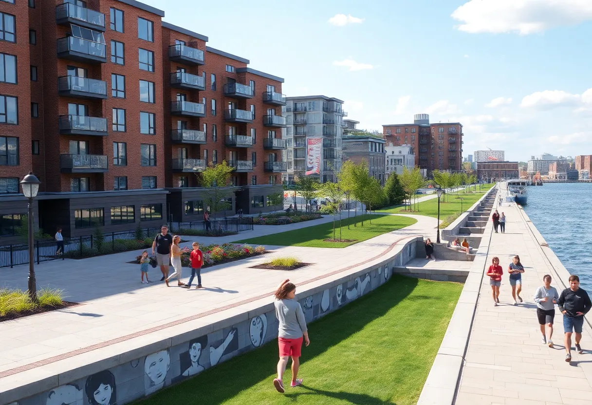 Conceptual image of Heritage Point development in Buffalo with parks and residential units.