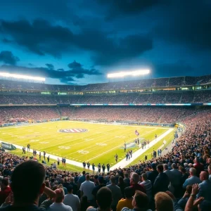 Fans cheering in Highmark Stadium during a Buffalo Bills game