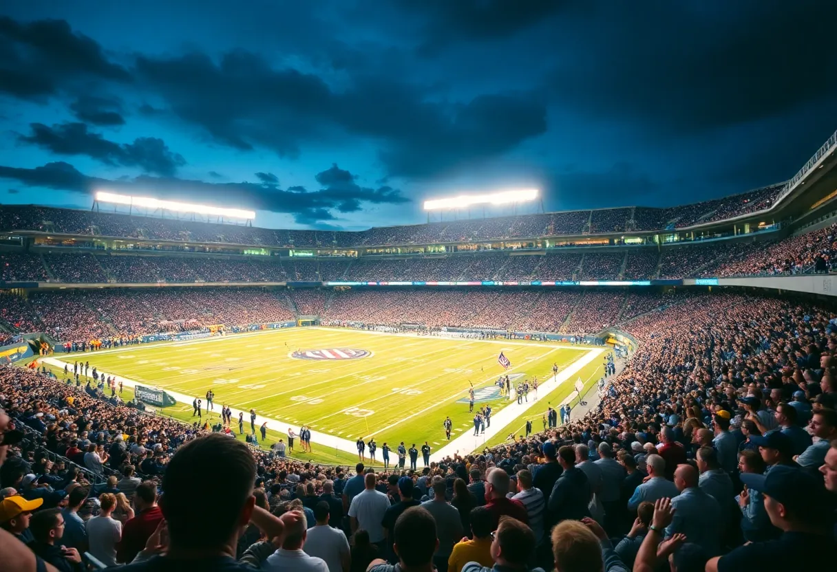 Fans cheering in Highmark Stadium during a Buffalo Bills game