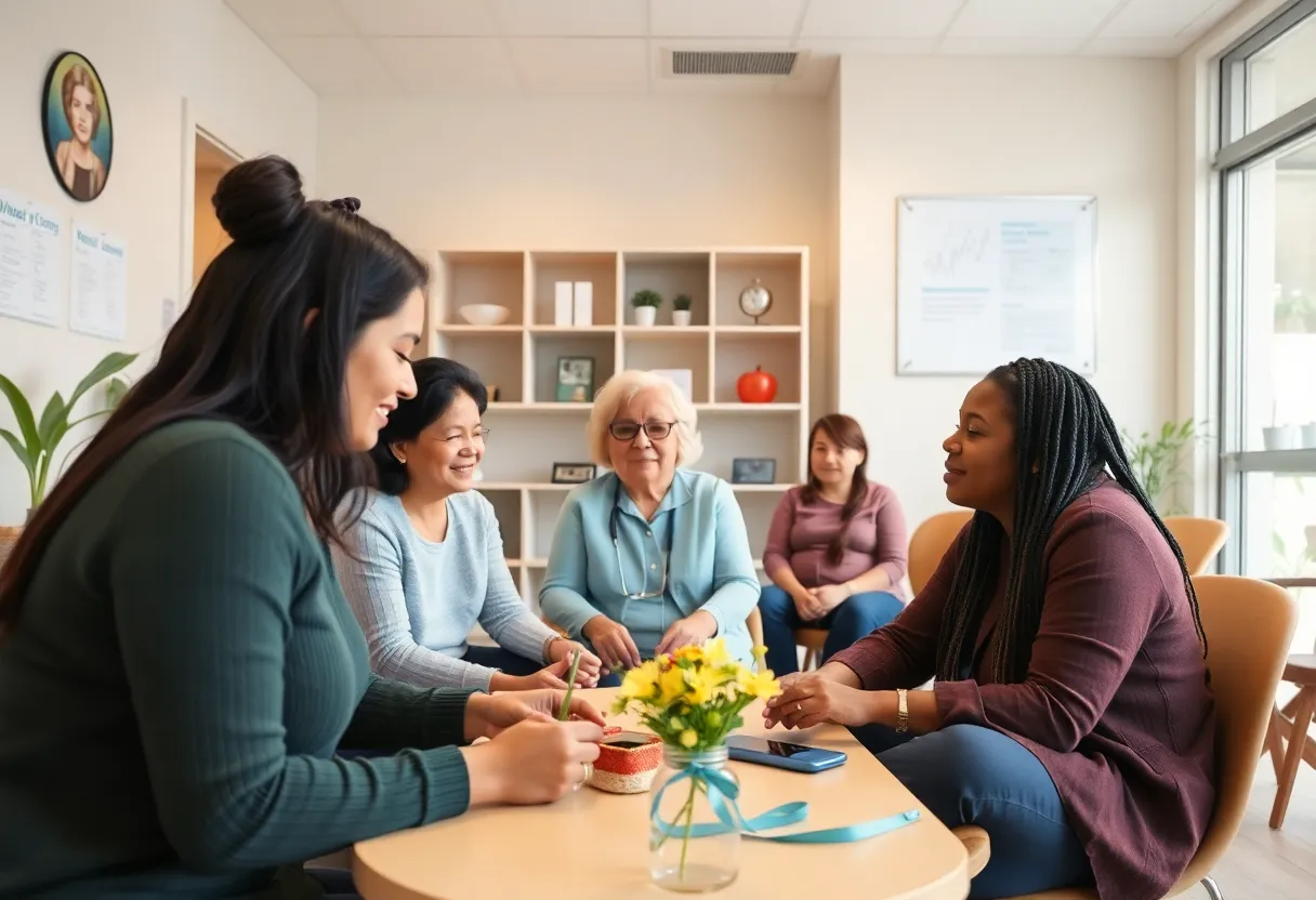 Community healthcare professionals assisting diverse individuals in a mental health clinic.