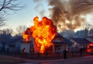 Intense flames engulfing a house with firefighters responding