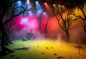 An immersive theater performance depicting foggy Irish landscapes and storytellers.