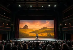 A vibrant theater stage set for the Irish Classical Theatre play 'Distillation'