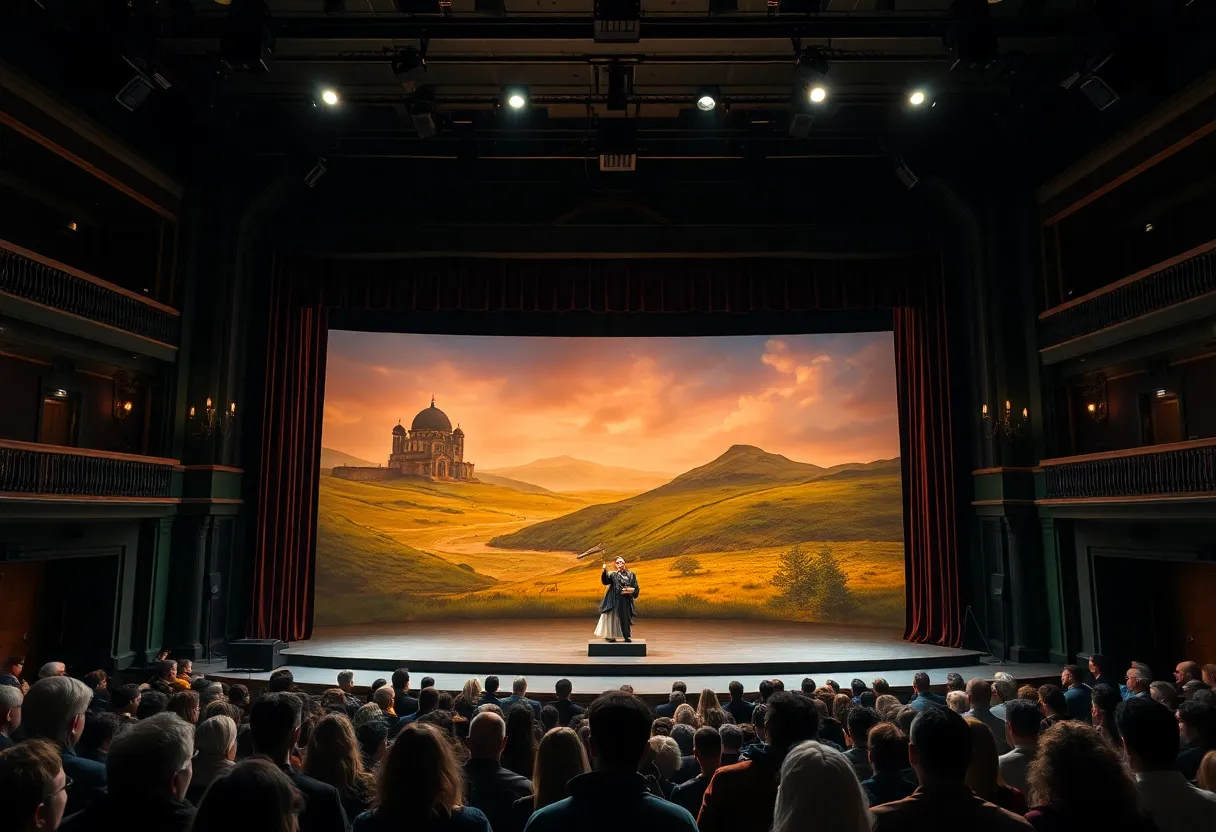 A vibrant theater stage set for the Irish Classical Theatre play 'Distillation'