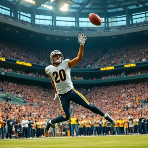 Wide receiver making a catch during a thrilling football game.