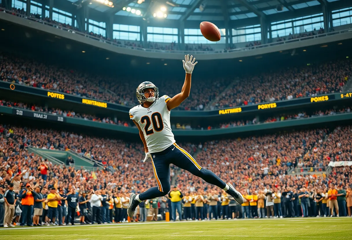 Wide receiver making a catch during a thrilling football game.
