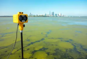 Scenic view of Lake Erie with algae blooms and water quality monitoring equipment.