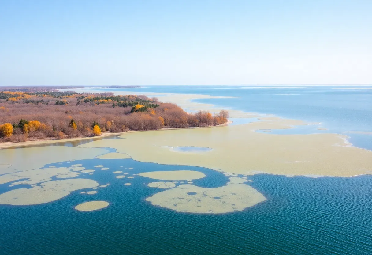 Scenic view of Lake Erie in autumn with algae blooms