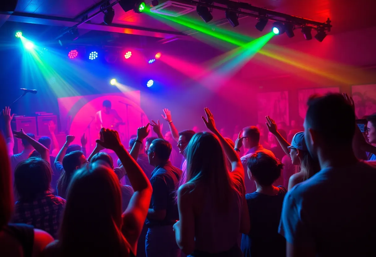 Audience enjoying Maddy O'Neal concert with colorful lights