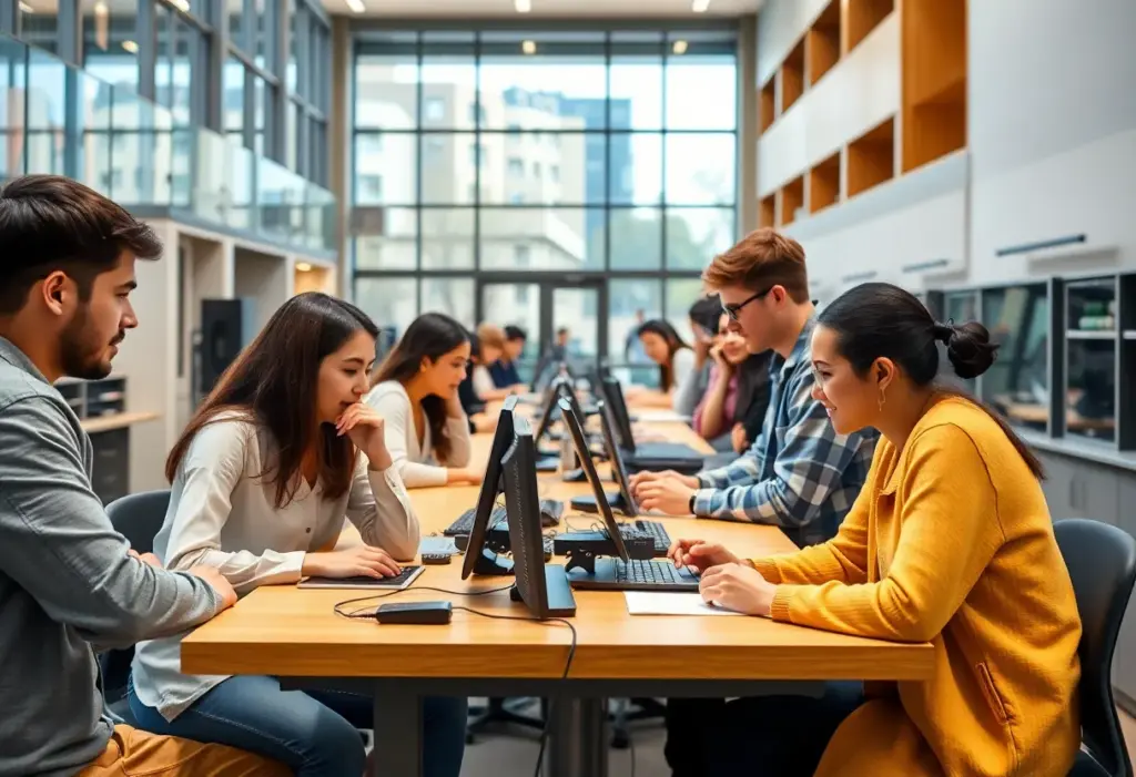 Students learning in a modernized college environment with advanced technology.