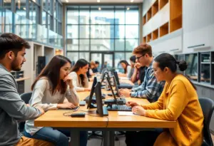 Students learning in a modernized college environment with advanced technology.