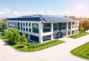 Modern corporate headquarters with solar panels