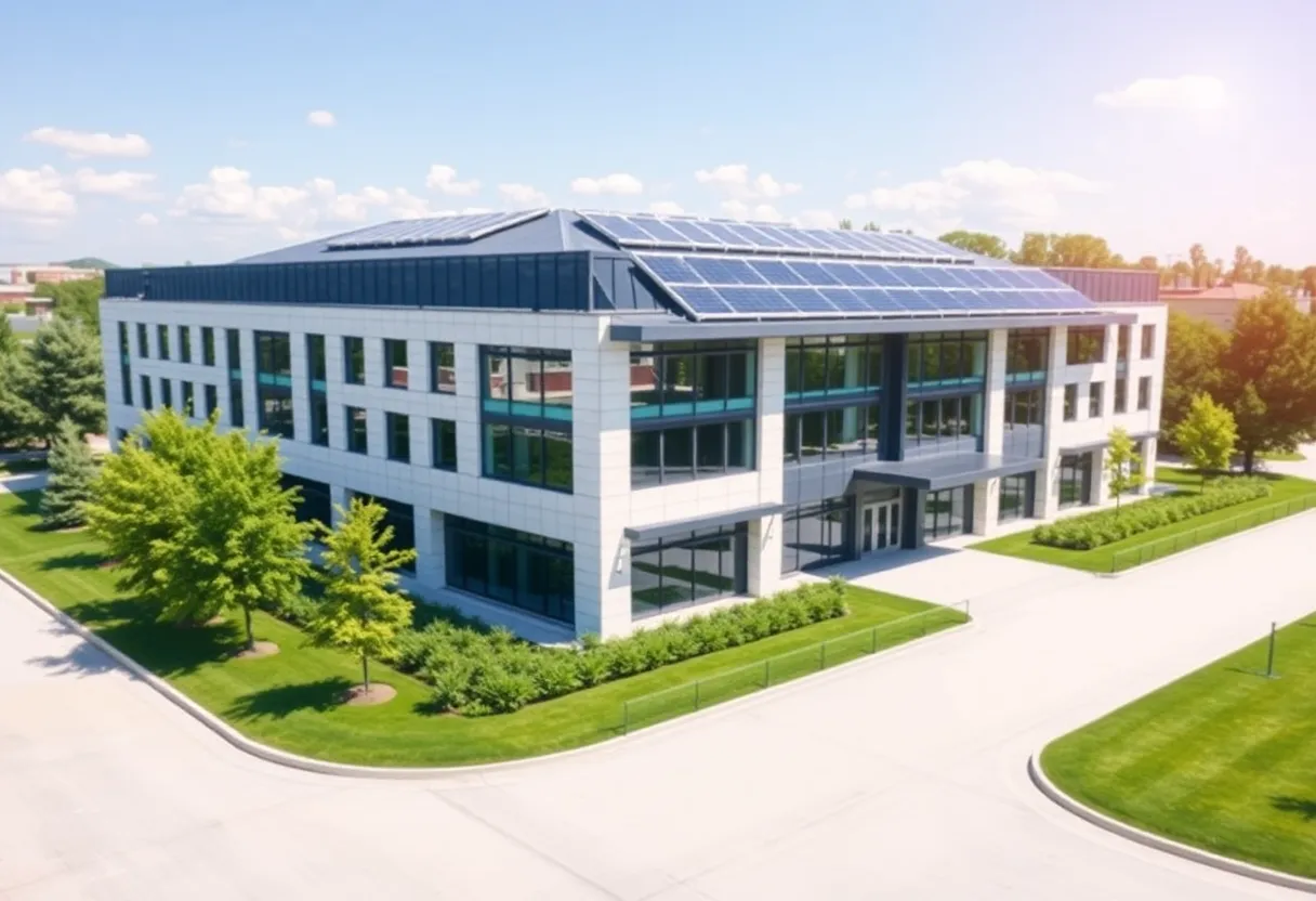 Modern corporate headquarters with solar panels