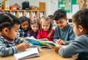 Students in a classroom engaged in reading instruction using phonics methods.