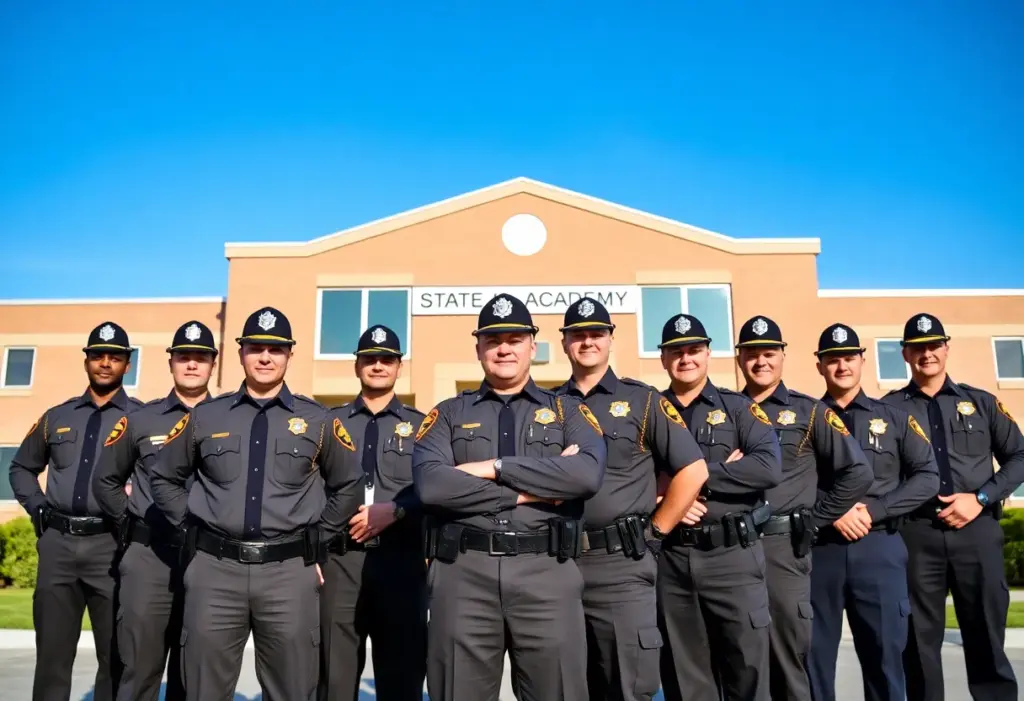 Group of newly trained New York State troopers in front of police academy building