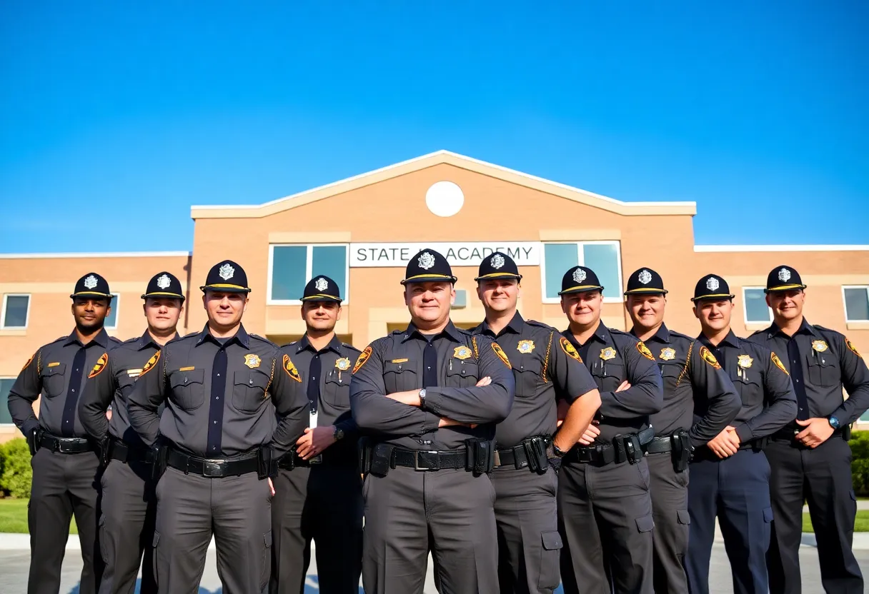 Group of newly trained New York State troopers in front of police academy building