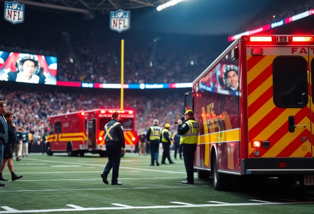 Emergency personnel attending to a medical incident during an NFL game broadcast