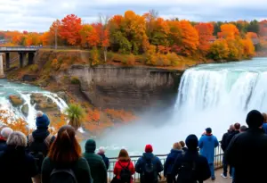 A view of Niagara Falls with colorful autumn foliage