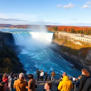 Beautiful overview of Niagara Falls during fall season with tourists
