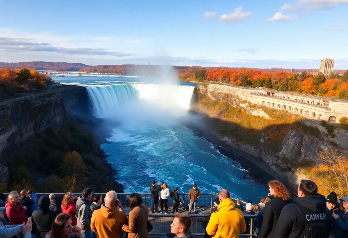 Beautiful overview of Niagara Falls during fall season with tourists