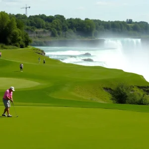 Scenic view of a golf course at Niagara Falls during the Amateur Championship.