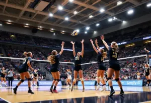 Players from Niagara University volleyball team competing in a match against Siena Saints.
