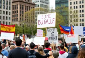 Crowd gathered at No Kings protest in Niagara Square, Buffalo.
