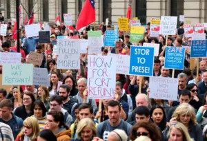 Crowd of protesters participating in the No Kings demonstration in Buffalo