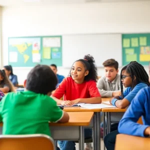 Students in a North Carolina classroom discussing academic progress