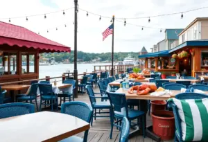 A scenic view of the new Olcott Lobster Co. seafood restaurant with waterfront seating