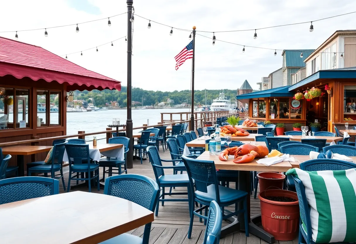 A scenic view of the new Olcott Lobster Co. seafood restaurant with waterfront seating