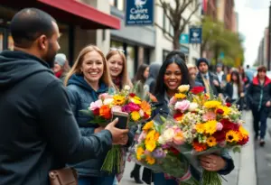 Volunteers distributing flowers to strangers in Buffalo