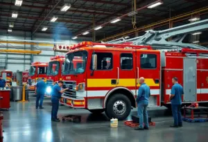 Workers assembling fire trucks at Pierce Manufacturing