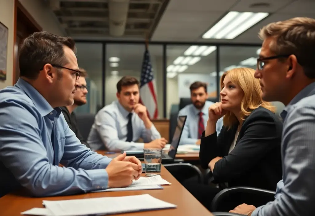 Employees in a Buffalo office discussing politics and feeling anxious