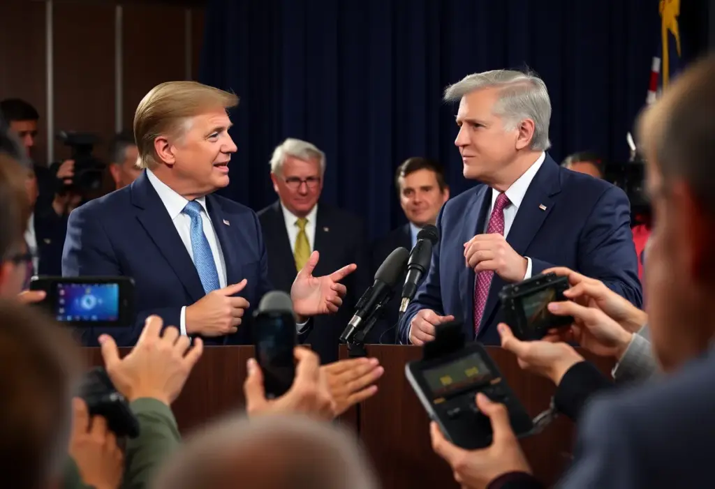 Political figures engaged in a debate with reporters