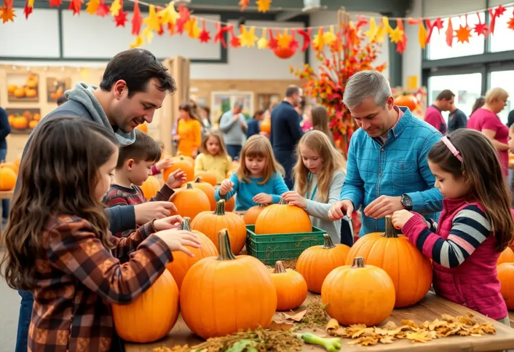 Families participating in interactive pumpkin sculpting at an art center in Buffalo